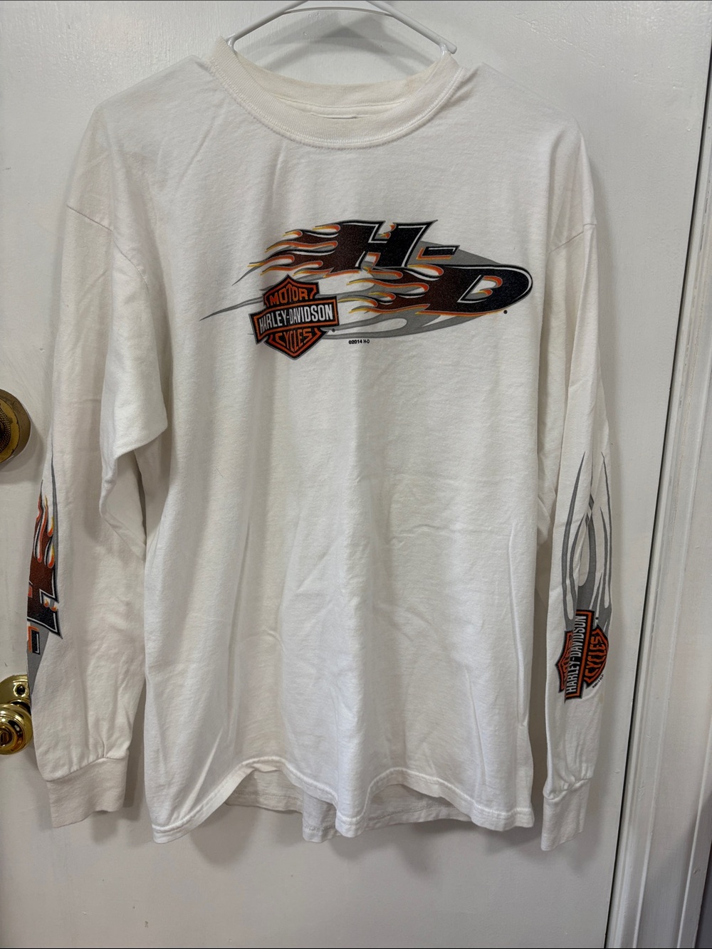 Harley-Davidson White Long Sleeve Shirt with Black and Orange Flame Graphics